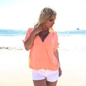 Dainty Hooligan Neon Coral Wrap Blouse Medium